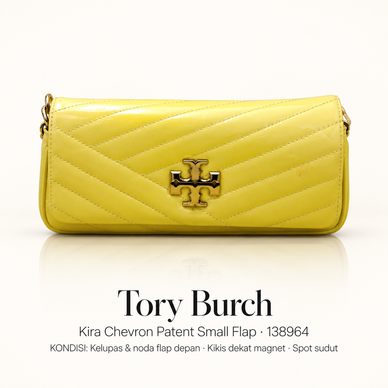 Tory Burch Kira Chevron Patent Small Flap Shoulder Bag Vintage Lemon PRELOVED