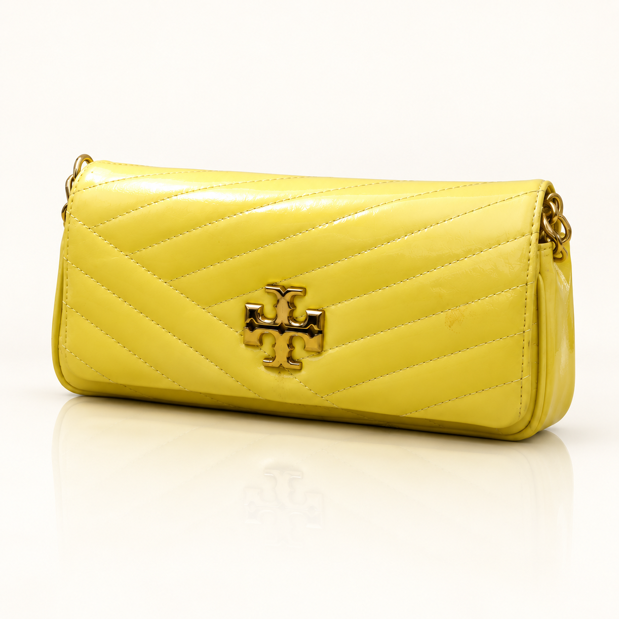 Tory Burch Kira Chevron Patent Small Flap Shoulder Bag Vintage Lemon PRELOVED