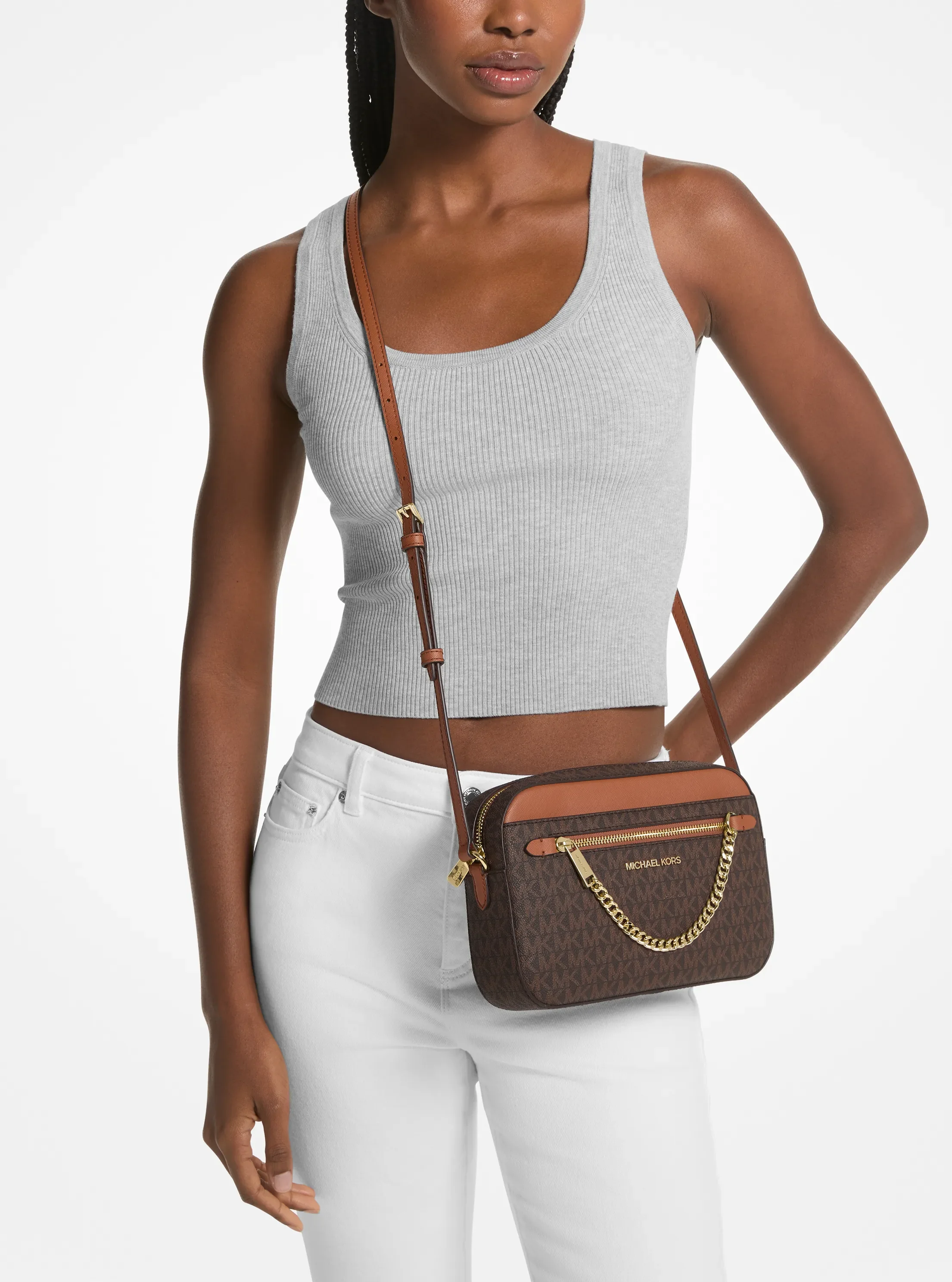 Michael Kors Jetset Item Large Ew Zip Chain Xbody Bag Brown NEW NET