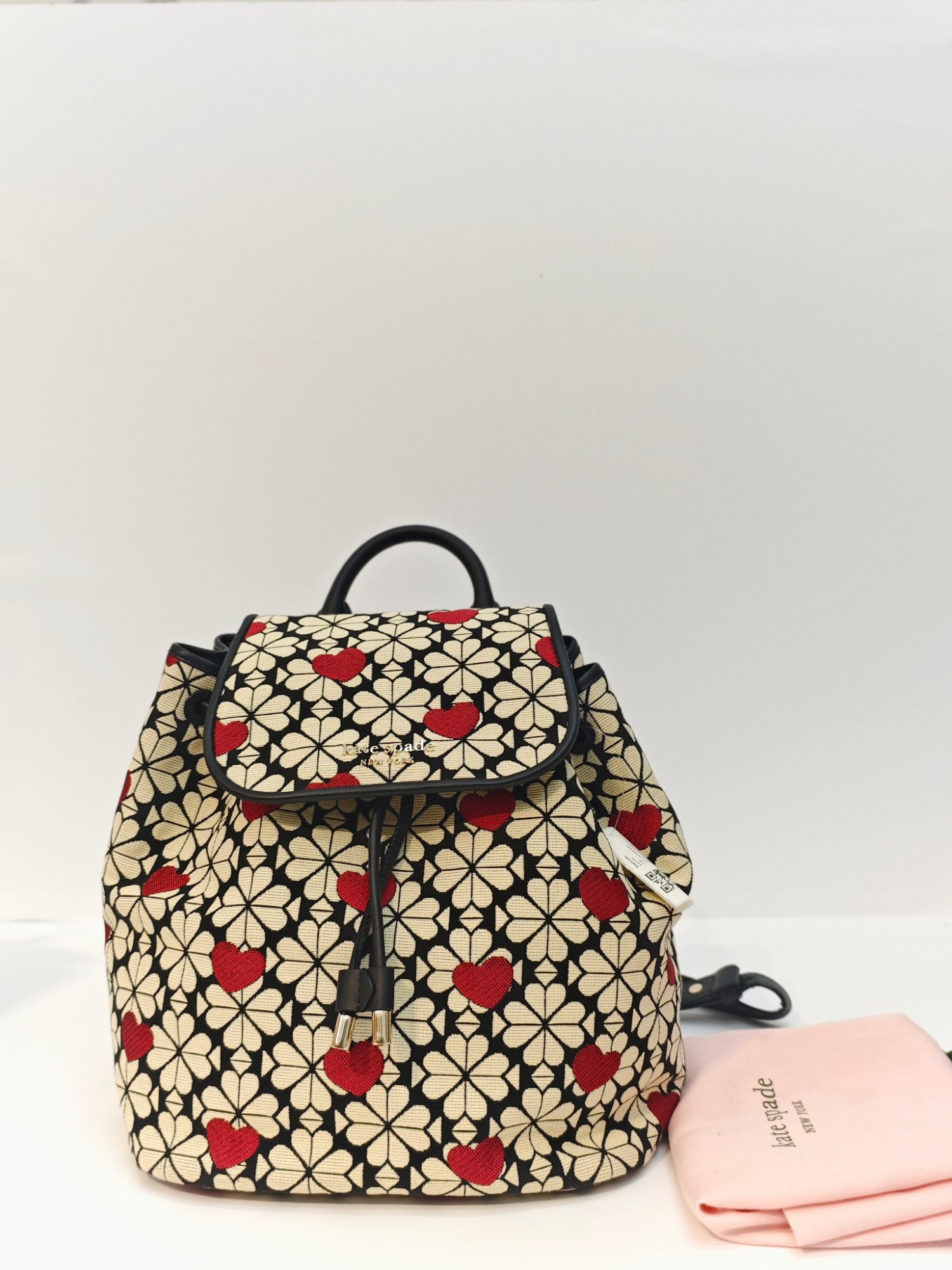 TJKS-63478 Kate Spade Flower Spade Jacquard Hearts Medium Flap Backpack Black Multi PRELOVED