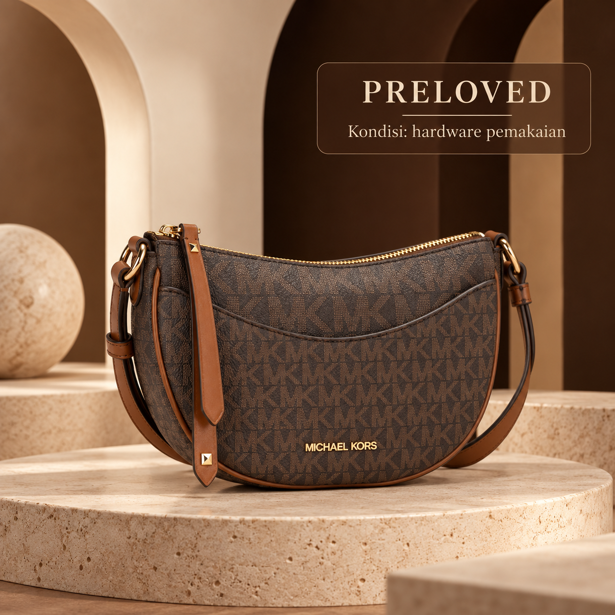Michael Kors Dover Small Half Moon Crossbody Bag Brown PRELOVED NET