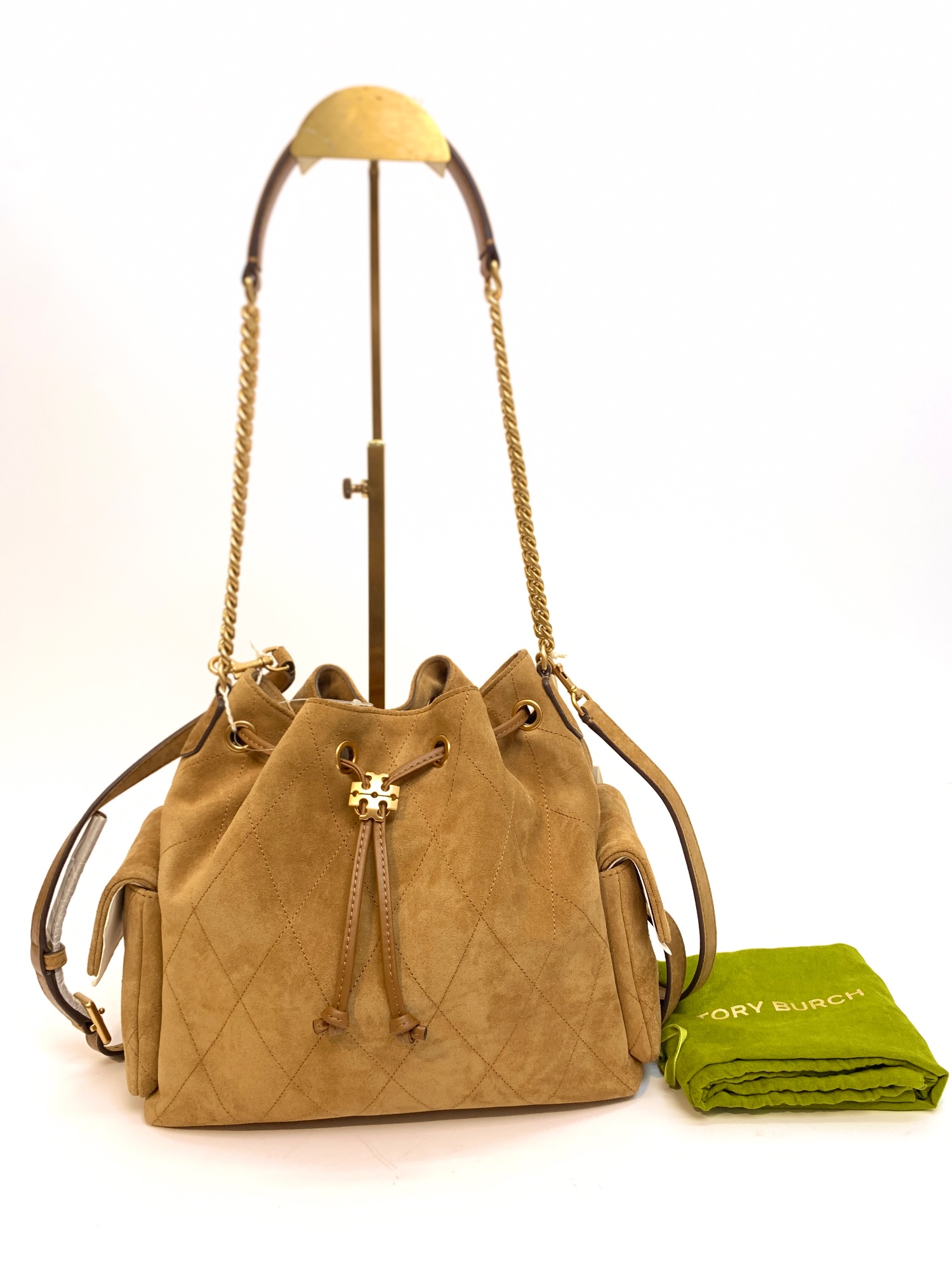 TJTB-63340 Tory Burch Charlie Quilted Suede Drawstring Shoulder Bag Toffee NEW
