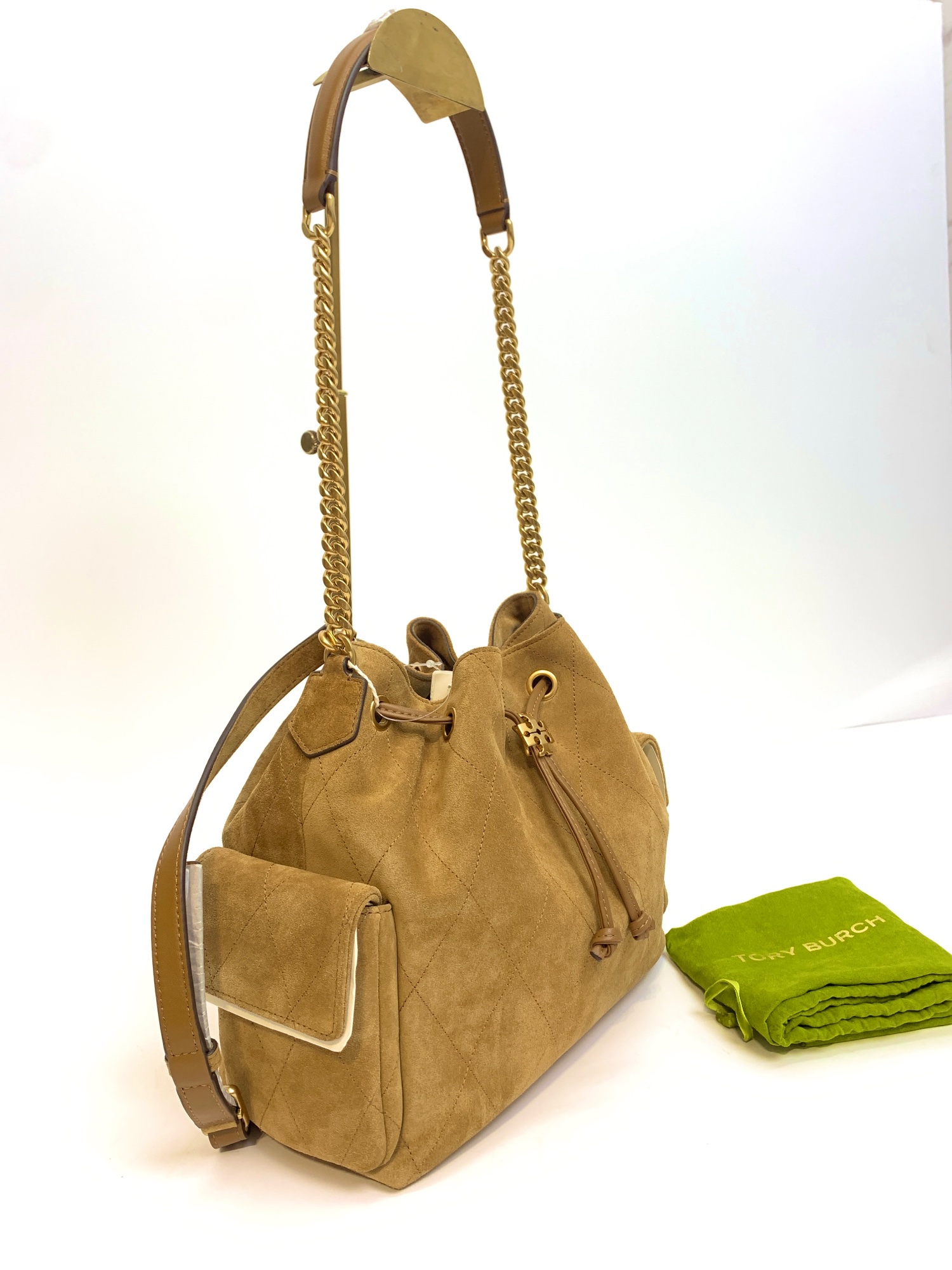 TJTB-63340 Tory Burch Charlie Quilted Suede Drawstring Shoulder Bag Toffee NEW