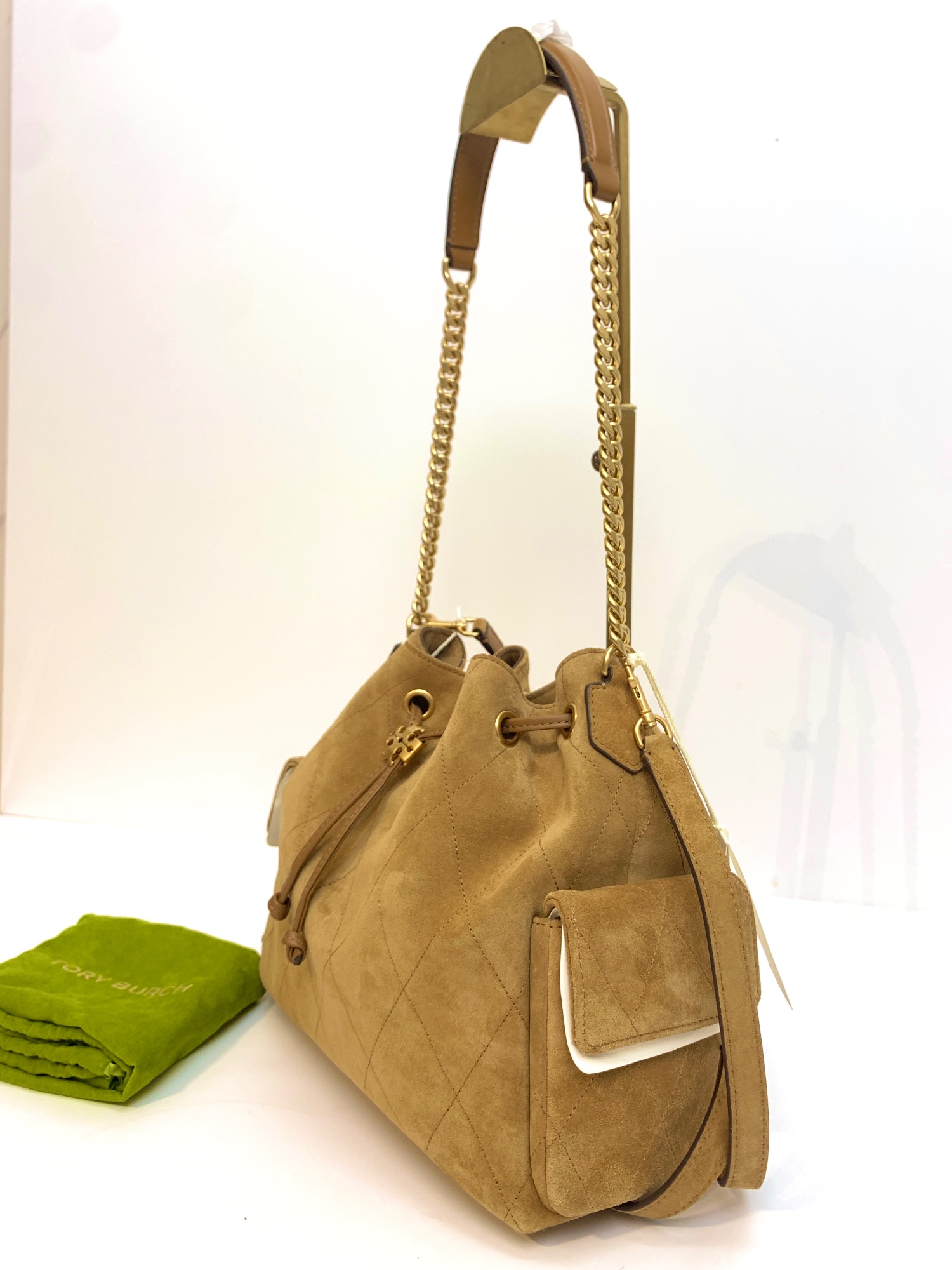 TJTB-63340 Tory Burch Charlie Quilted Suede Drawstring Shoulder Bag Toffee NEW