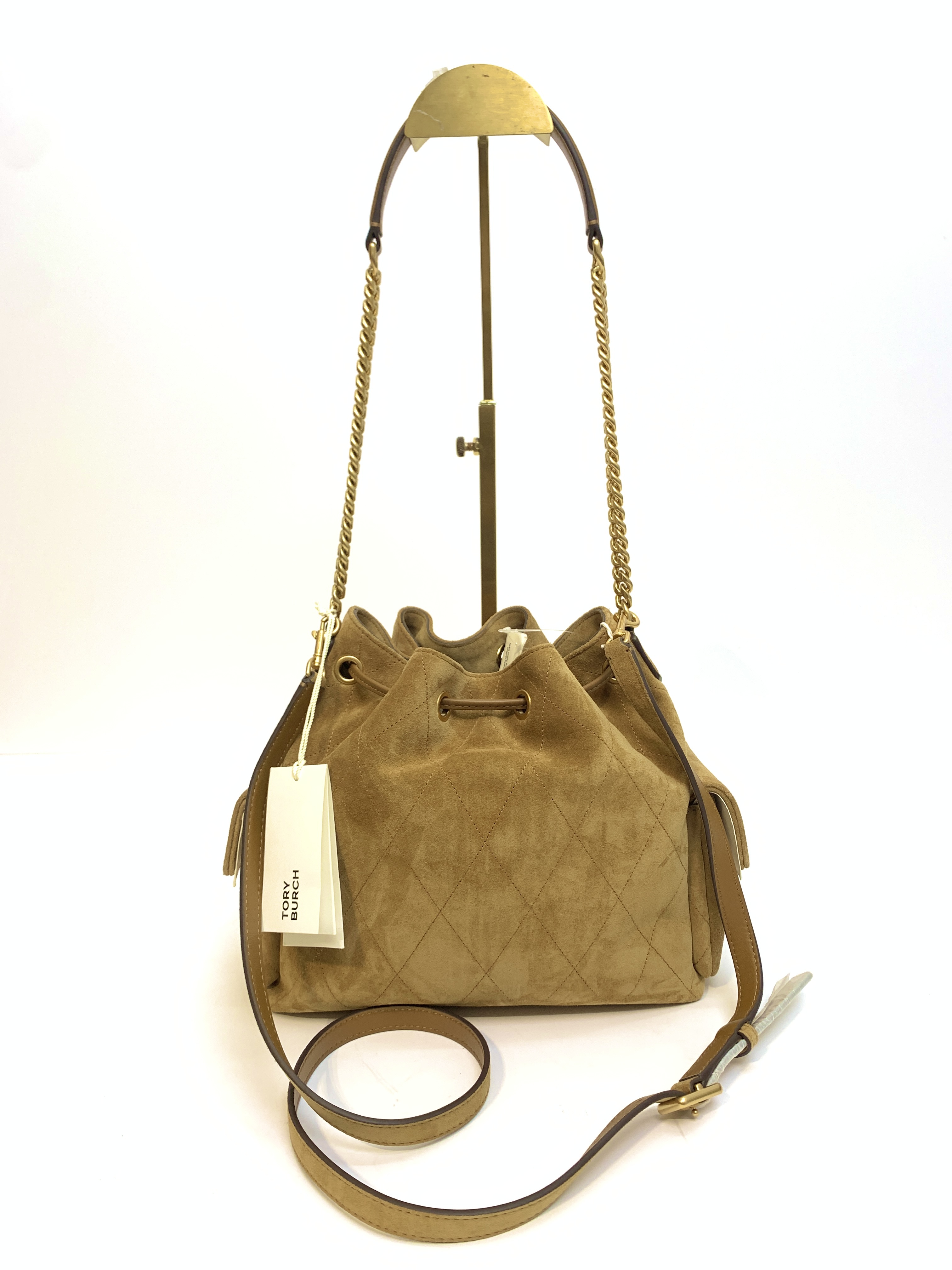 TJTB-63340 Tory Burch Charlie Quilted Suede Drawstring Shoulder Bag Toffee NEW
