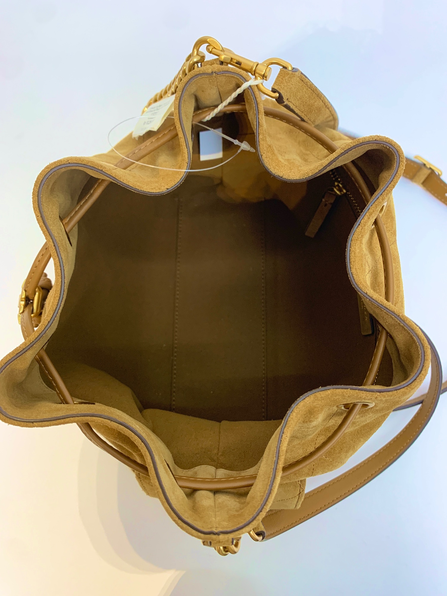 TJTB-63340 Tory Burch Charlie Quilted Suede Drawstring Shoulder Bag Toffee NEW