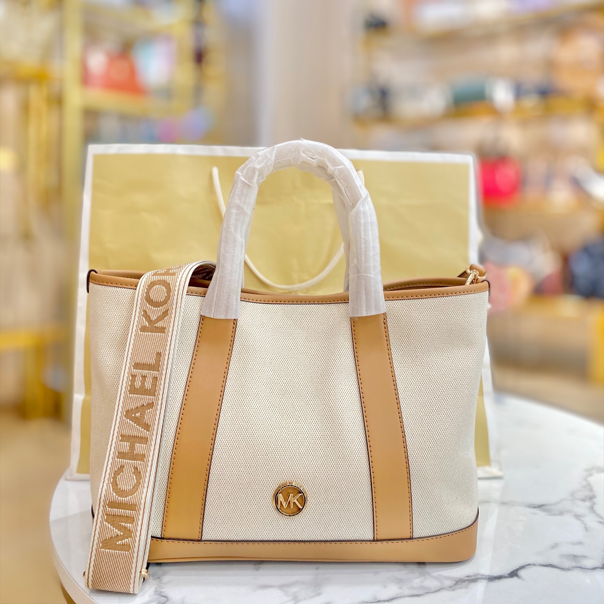 TJMK-62758 Michael Kors Luisa Medium Cotton Canvas Satchel Bag Pale Peanut NEW NETT