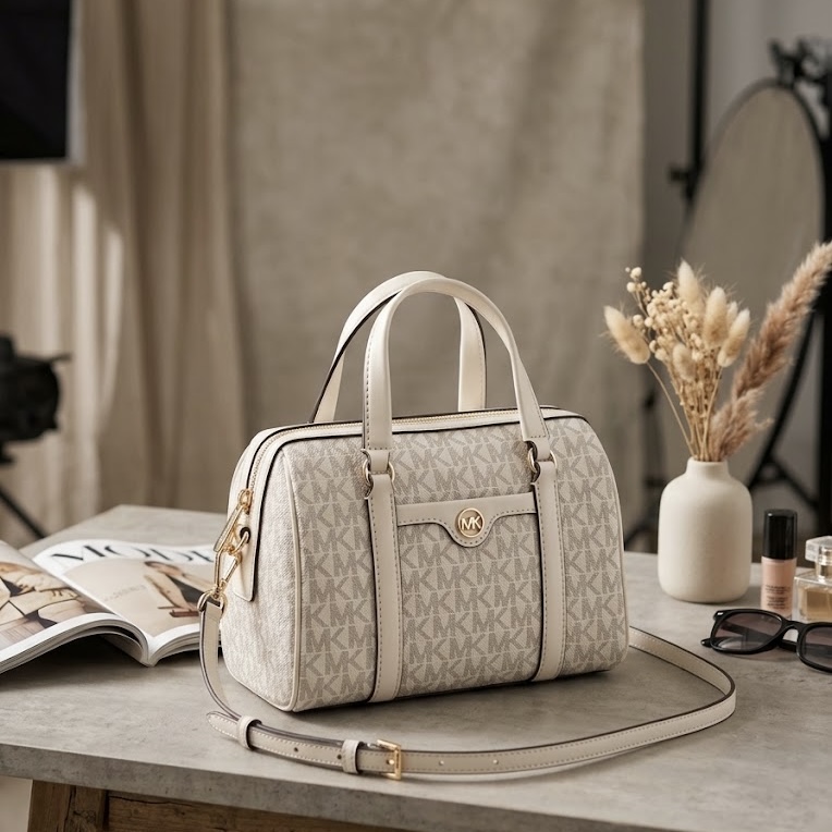 TJMK-63515 Michael Kors Travel Small Duffle Crossbody Bag Light Cream Multi PRELOVED
