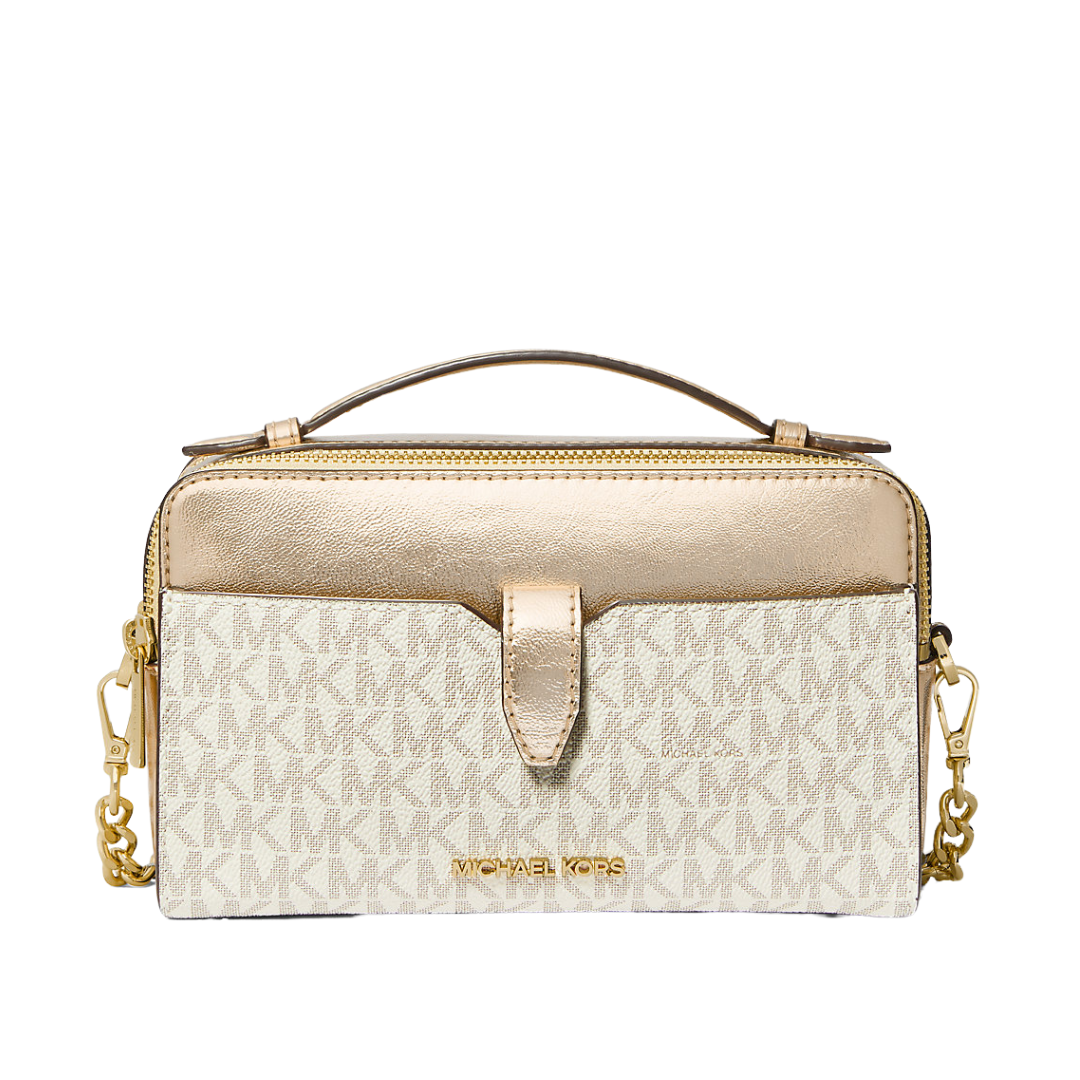 Michael Kors Jetset Item Medium Double Zip Phone Crossbody Pale Gold Multi New Image