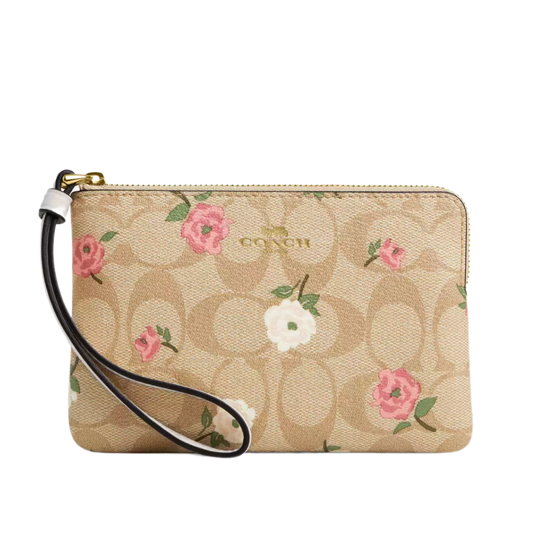 Coach corner Zip Wristlet Floral Print Sig Light Khaki Chalk Multi New Image