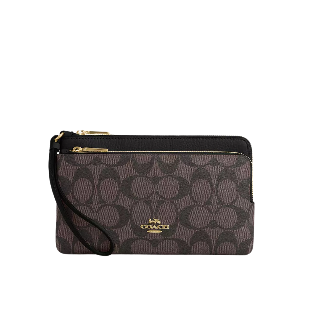 Coach PVC Double Zip Wallet Sign Brown/Black New Image