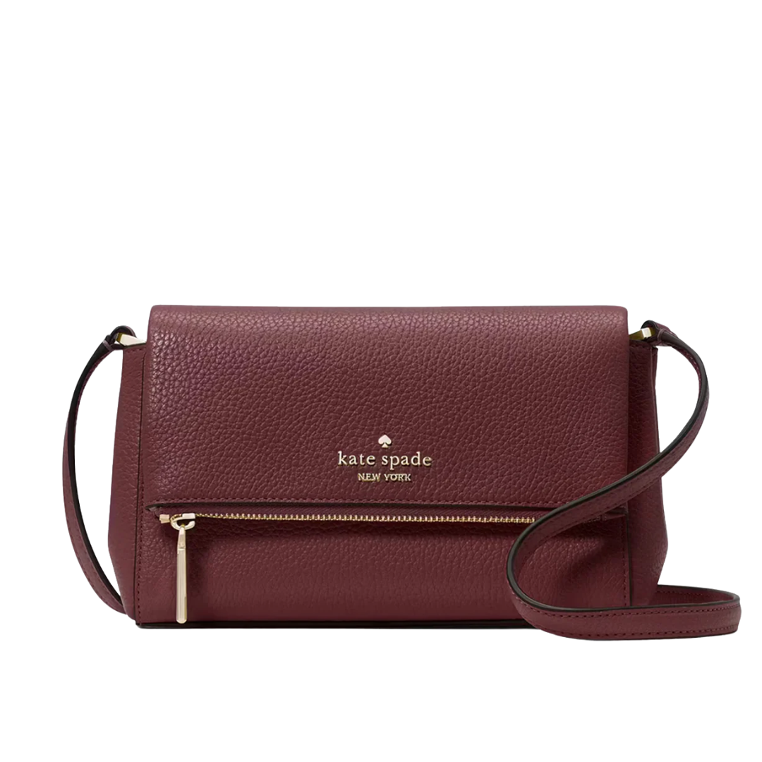 Kate Spade leila Mini Flap Zip Crossbody Pebbled Leather Cherrywood NEW Image
